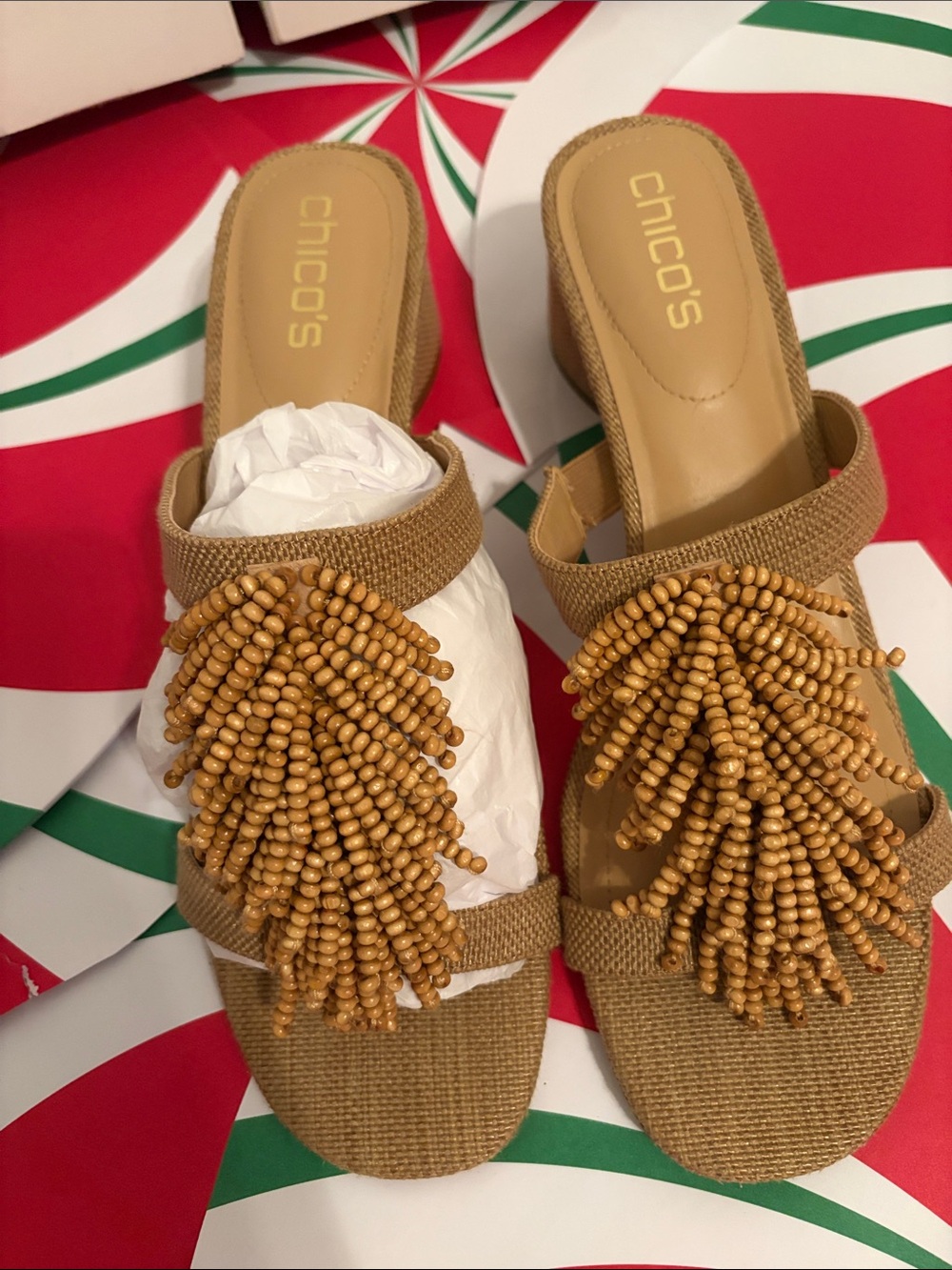 Chico's Tan Beaded Tassel Slide Mules